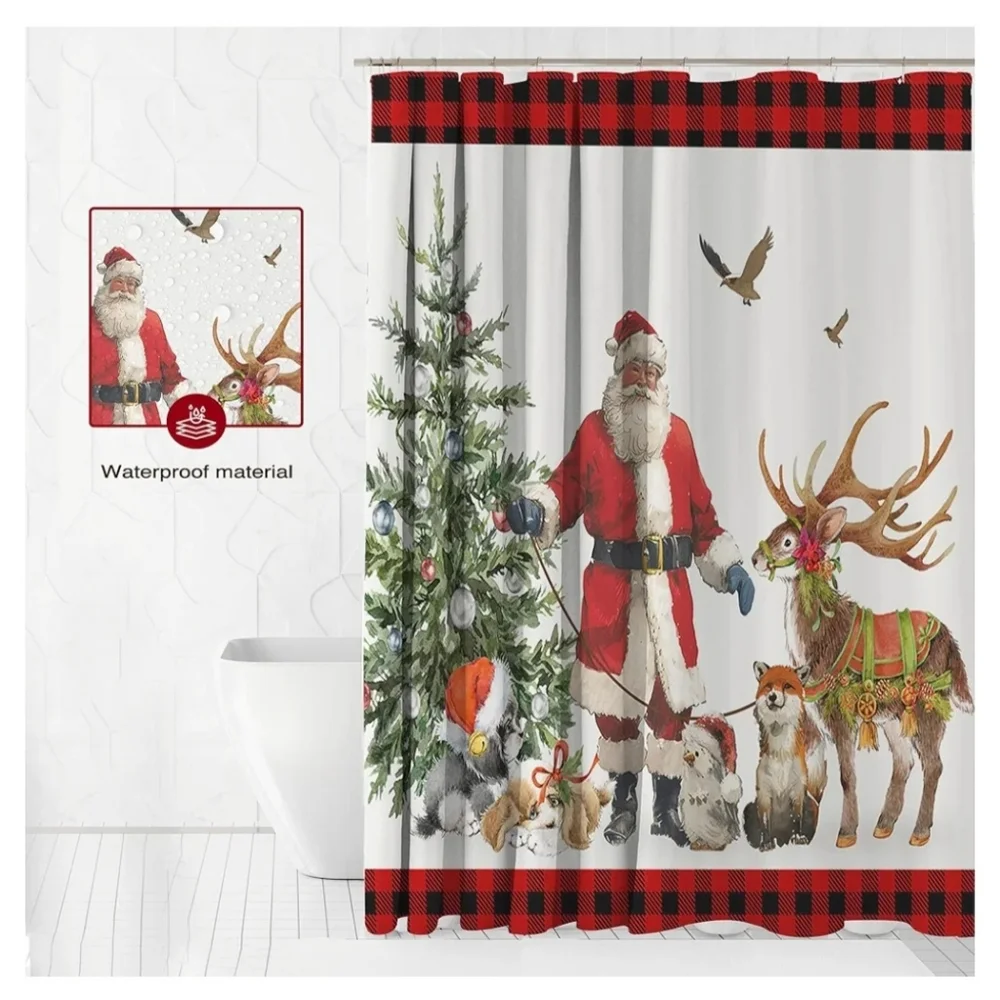 NEW Festive Santa Reindeer Puppy Shower Curtain Christmas Holiday w/hooks 🎅🎄🫎
